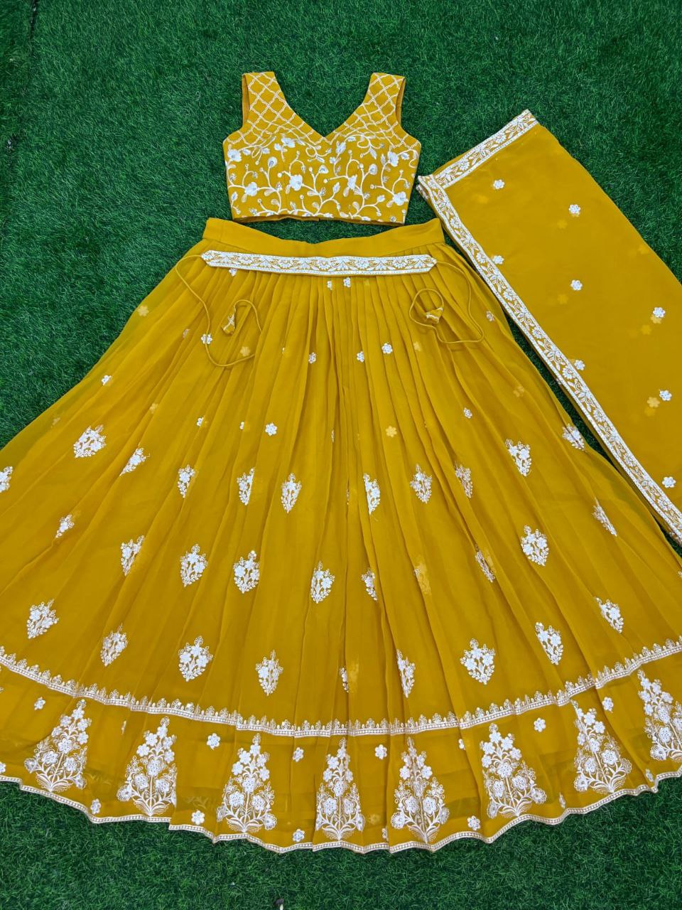 Premium Georgette Perl Lehenga with Embroidered Dupatta & Unstitched Blouse in Purple & Yellow