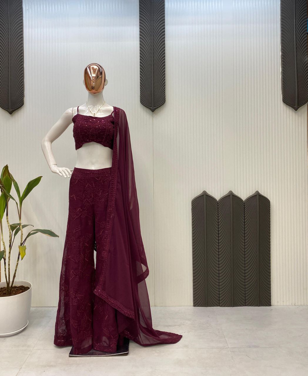 Trendy Three-Piece Western Outfit – Sequins Embroidered Georgette for Weddings