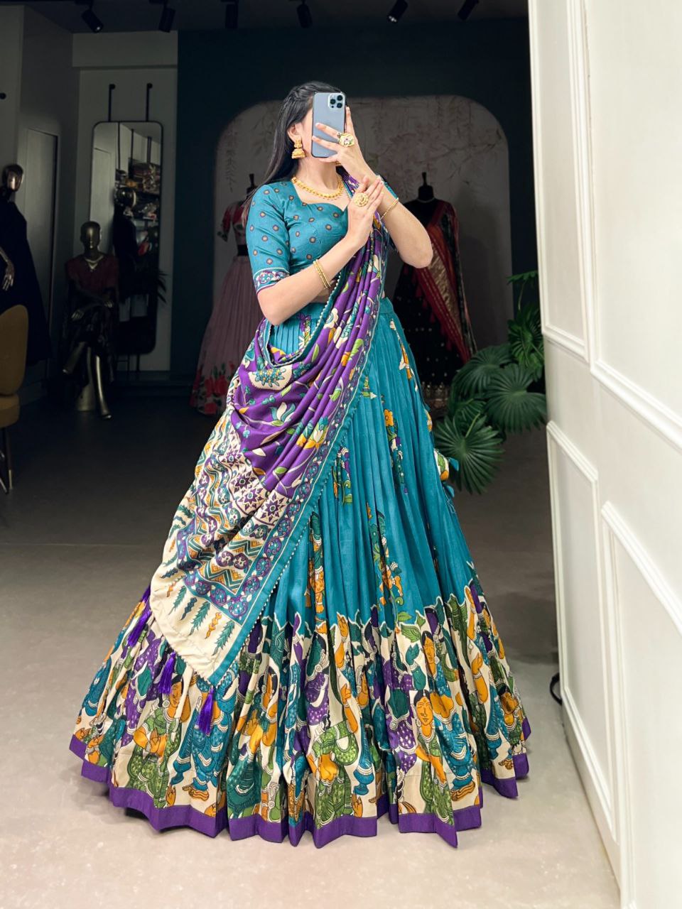 Tussar Silk Lehenga Choli – Kalamkari Print with Foil Work & Gotta Patti Dupatta