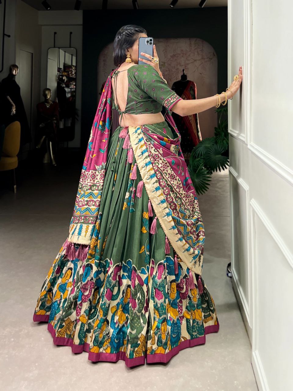 Tussar Silk Lehenga Choli – Kalamkari Print with Foil Work & Gotta Patti Dupatta