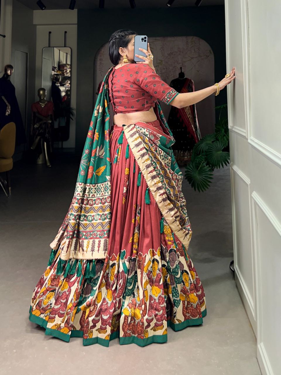 Tussar Silk Lehenga Choli – Kalamkari Print with Foil Work & Gotta Patti Dupatta