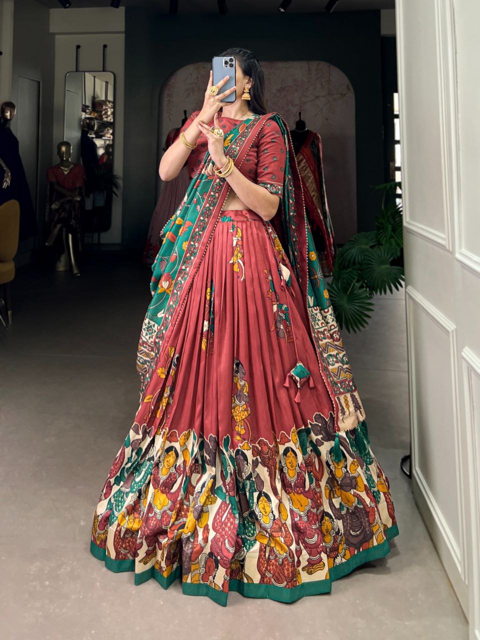 Tussar Silk Lehenga Choli – Kalamkari Print with Foil Work & Gotta Patti Dupatta