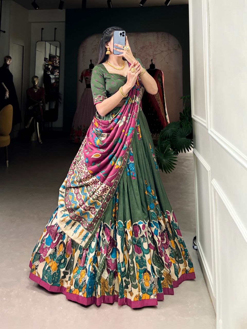 Tussar Silk Lehenga Choli – Kalamkari Print with Foil Work & Gotta Patti Dupatta