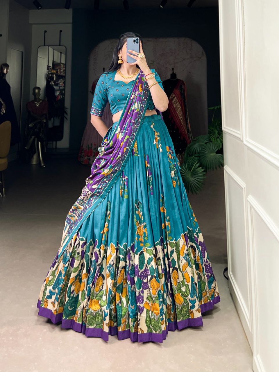 Tussar Silk Lehenga Choli – Kalamkari Print with Foil Work & Gotta Patti Dupatta