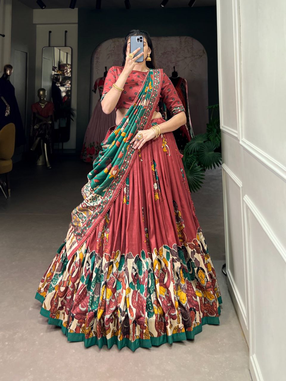 Tussar Silk Lehenga Choli – Kalamkari Print with Foil Work & Gotta Patti Dupatta