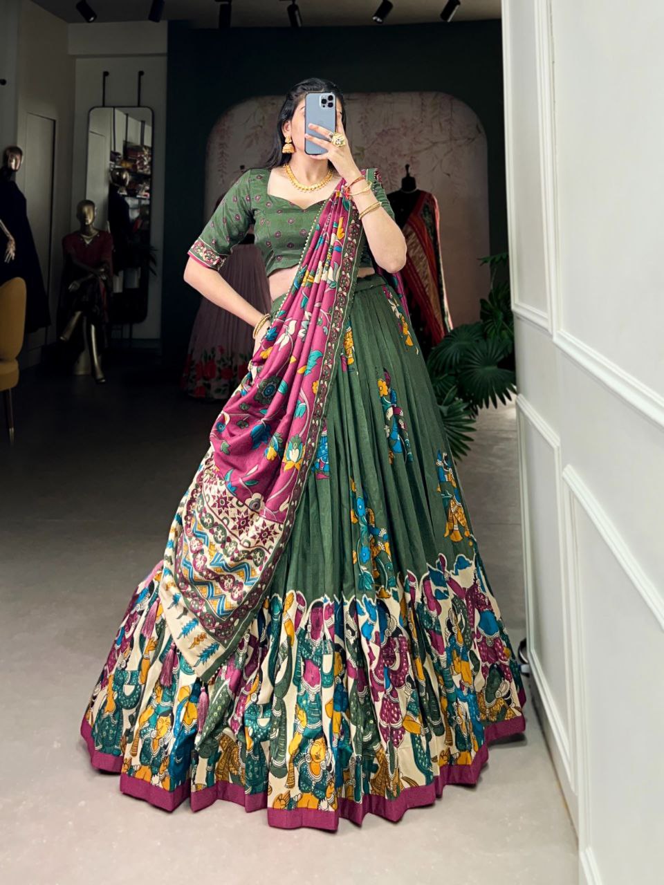 Tussar Silk Lehenga Choli – Kalamkari Print with Foil Work & Gotta Patti Dupatta