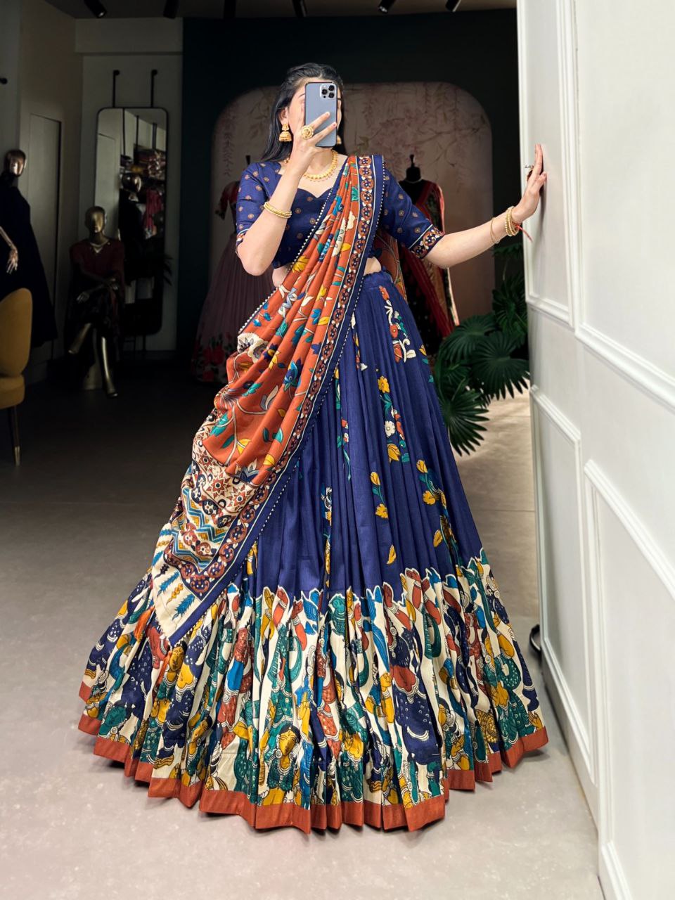 Tussar Silk Lehenga Choli – Kalamkari Print with Foil Work & Gotta Patti Dupatta