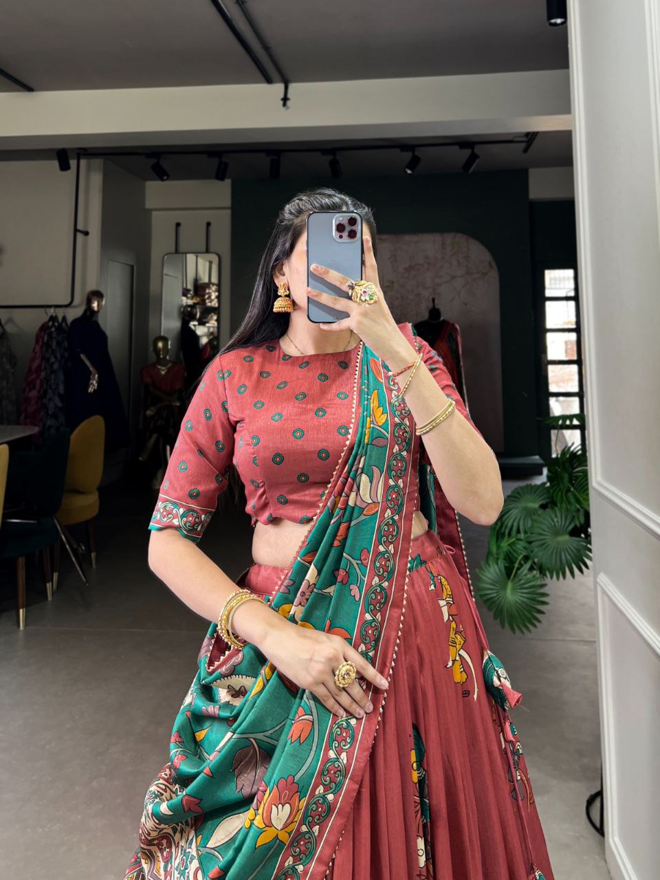 Tussar Silk Lehenga Choli – Kalamkari Print with Foil Work & Gotta Patti Dupatta
