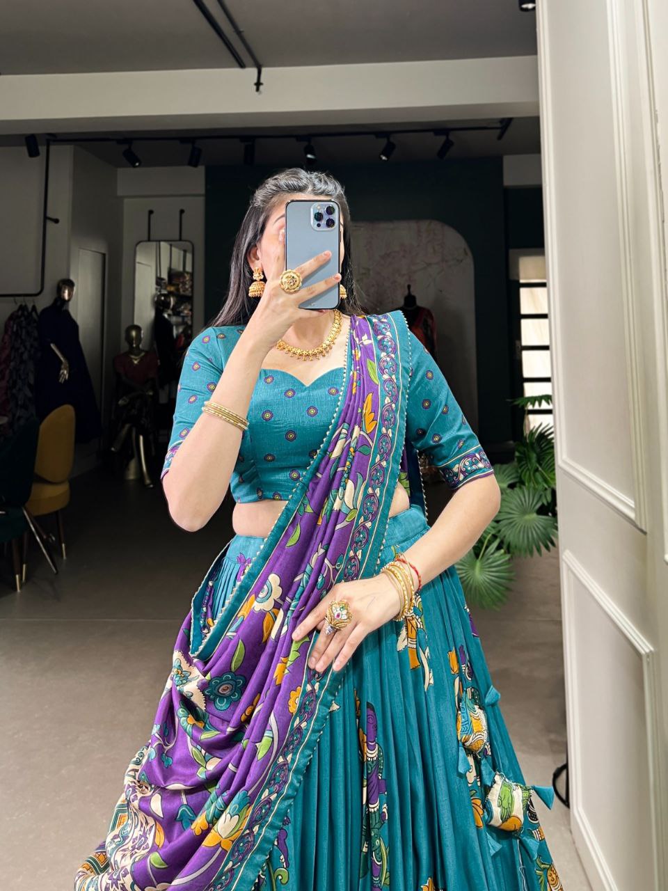 Tussar Silk Lehenga Choli – Kalamkari Print with Foil Work & Gotta Patti Dupatta