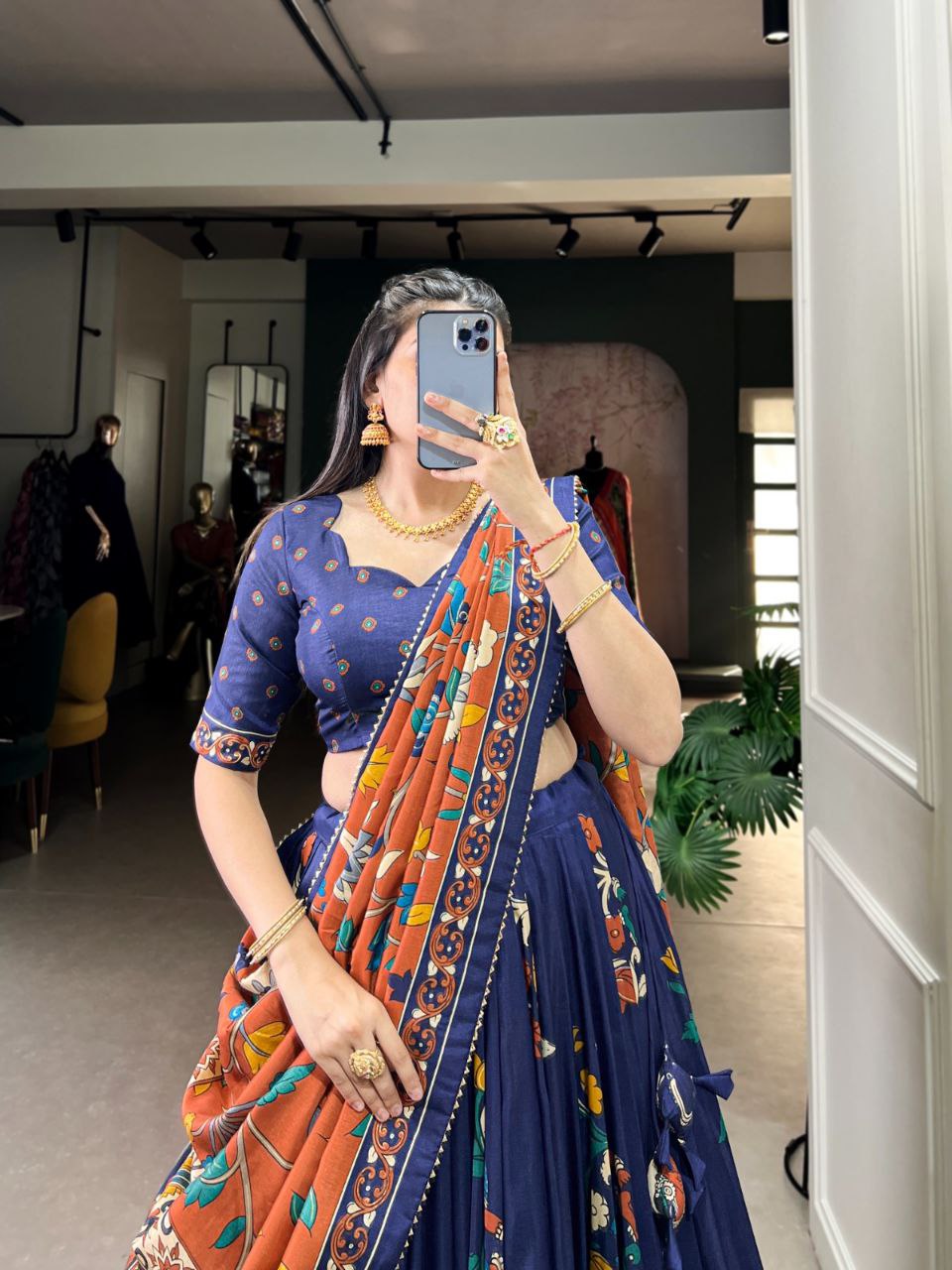 Tussar Silk Lehenga Choli – Kalamkari Print with Foil Work & Gotta Patti Dupatta