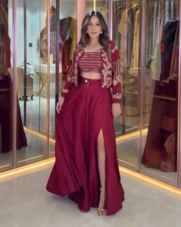 Trendy Indo-Western Outfit – Lahenga, Tube Blouse & Embroidered Shrug