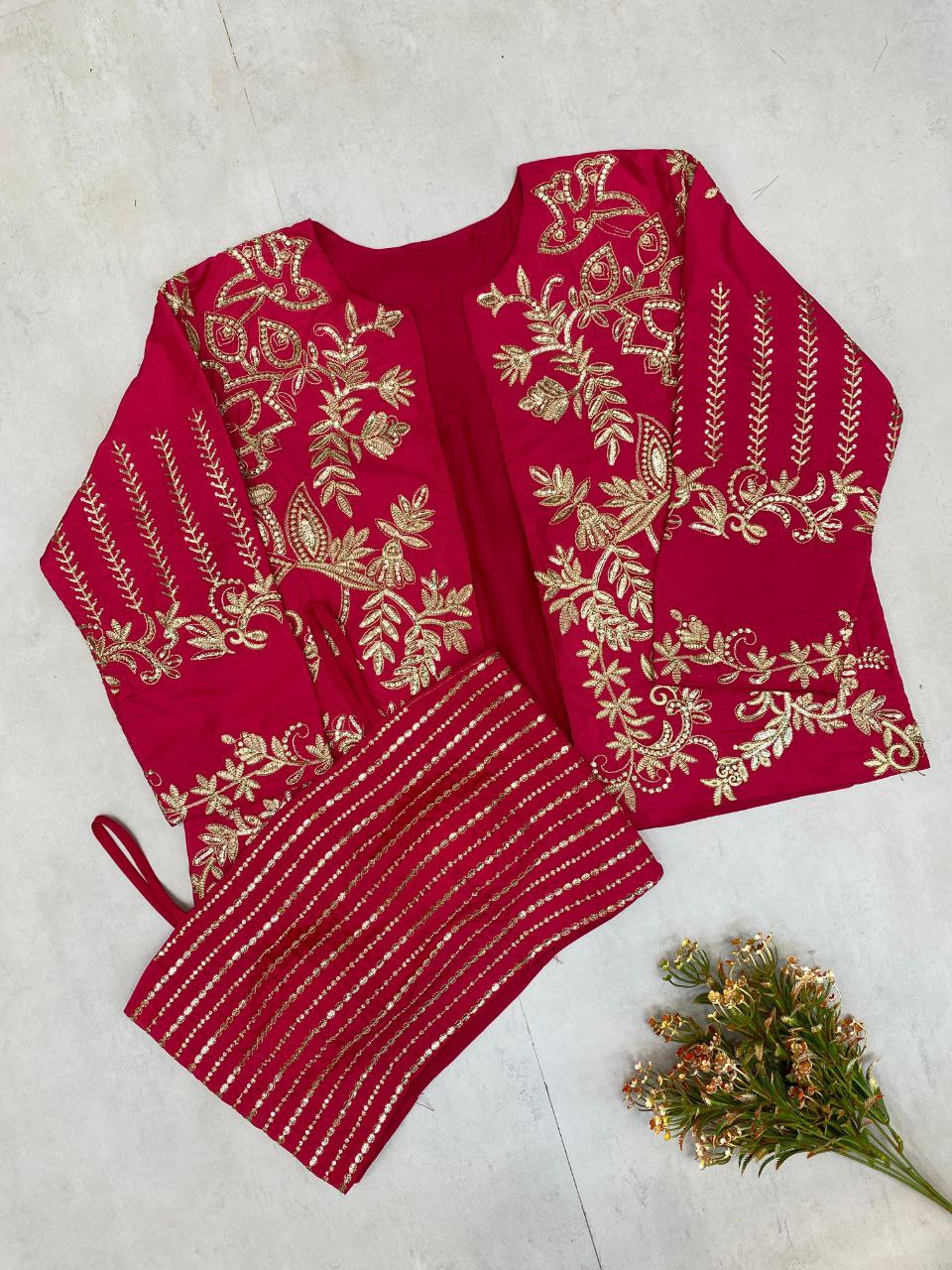 Trendy Indo-Western Outfit – Lahenga, Tube Blouse & Embroidered Shrug
