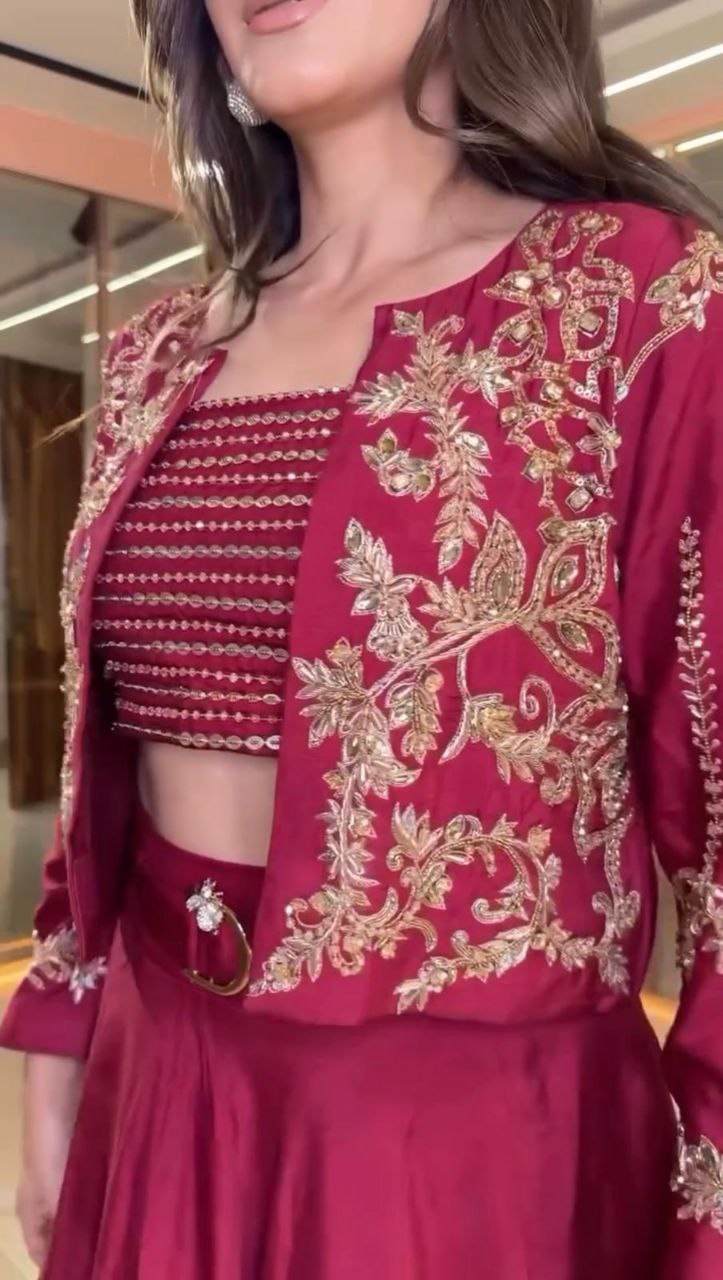 Trendy Indo-Western Outfit – Lahenga, Tube Blouse & Embroidered Shrug
