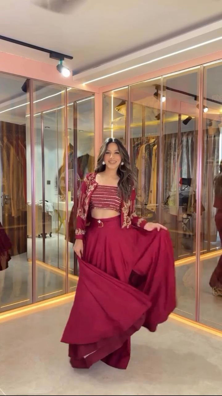 Trendy Indo-Western Outfit – Lahenga, Tube Blouse & Embroidered Shrug