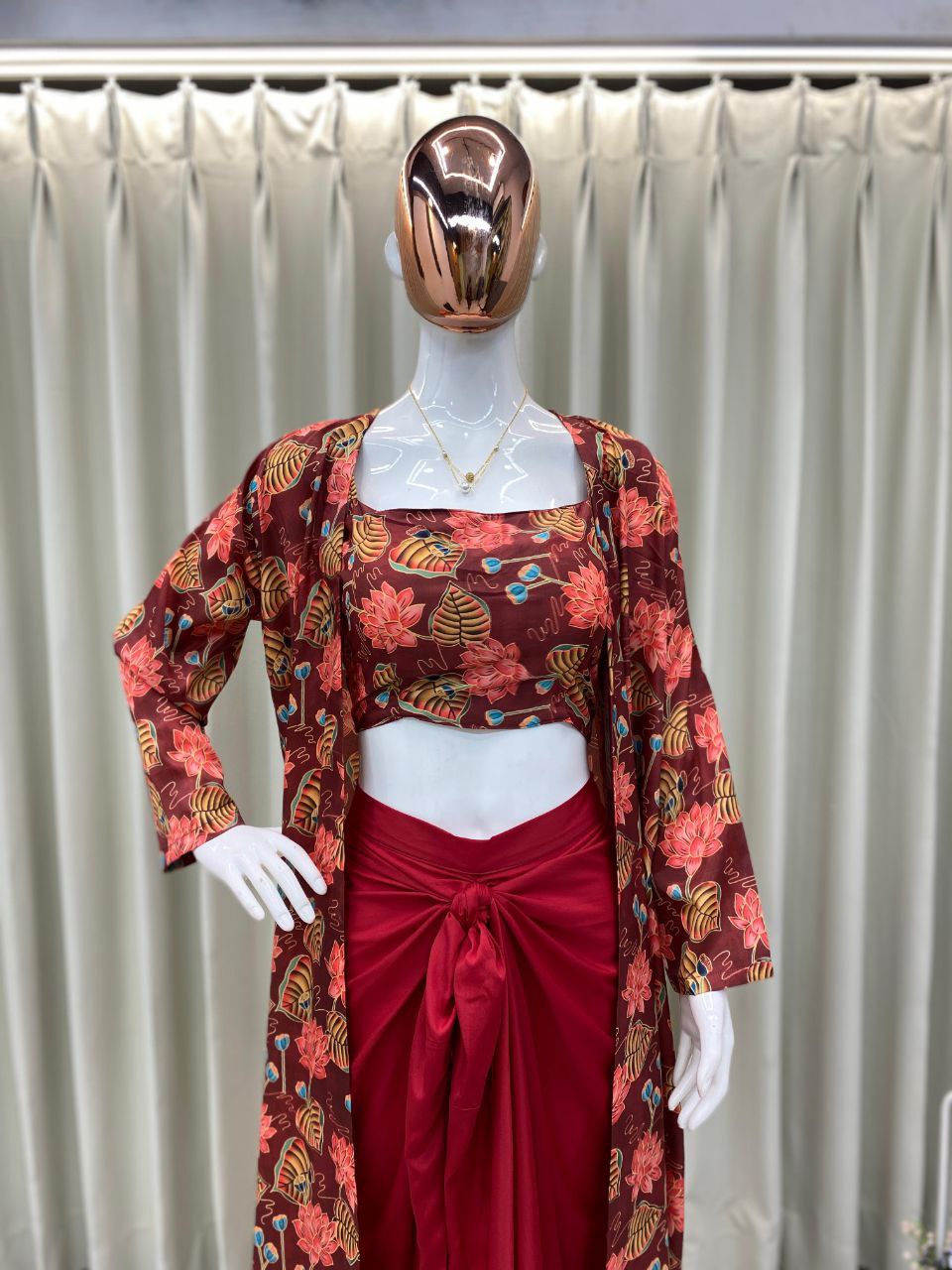Trendy Western 3-Piece Outfit – Draped Skirt, Tube Blouse & Shrug