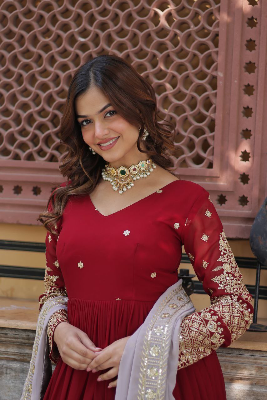 Premium Designer Embroidered Zari Sequins Gown with Dupatta – Ready-to-Wear