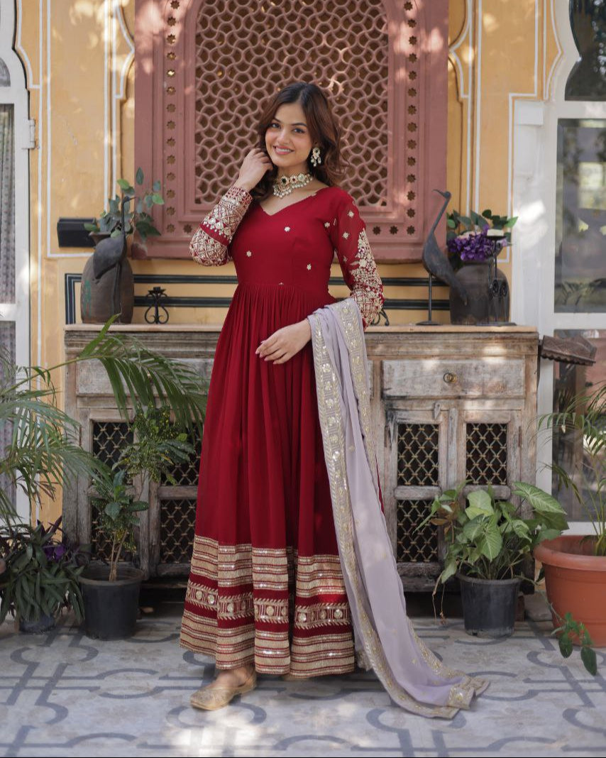 Premium Designer Embroidered Zari Sequins Gown with Dupatta – Ready-to-Wear