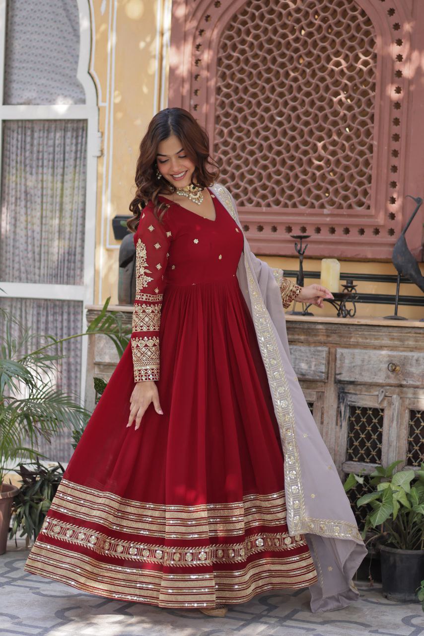 Premium Designer Embroidered Zari Sequins Gown with Dupatta – Ready-to-Wear