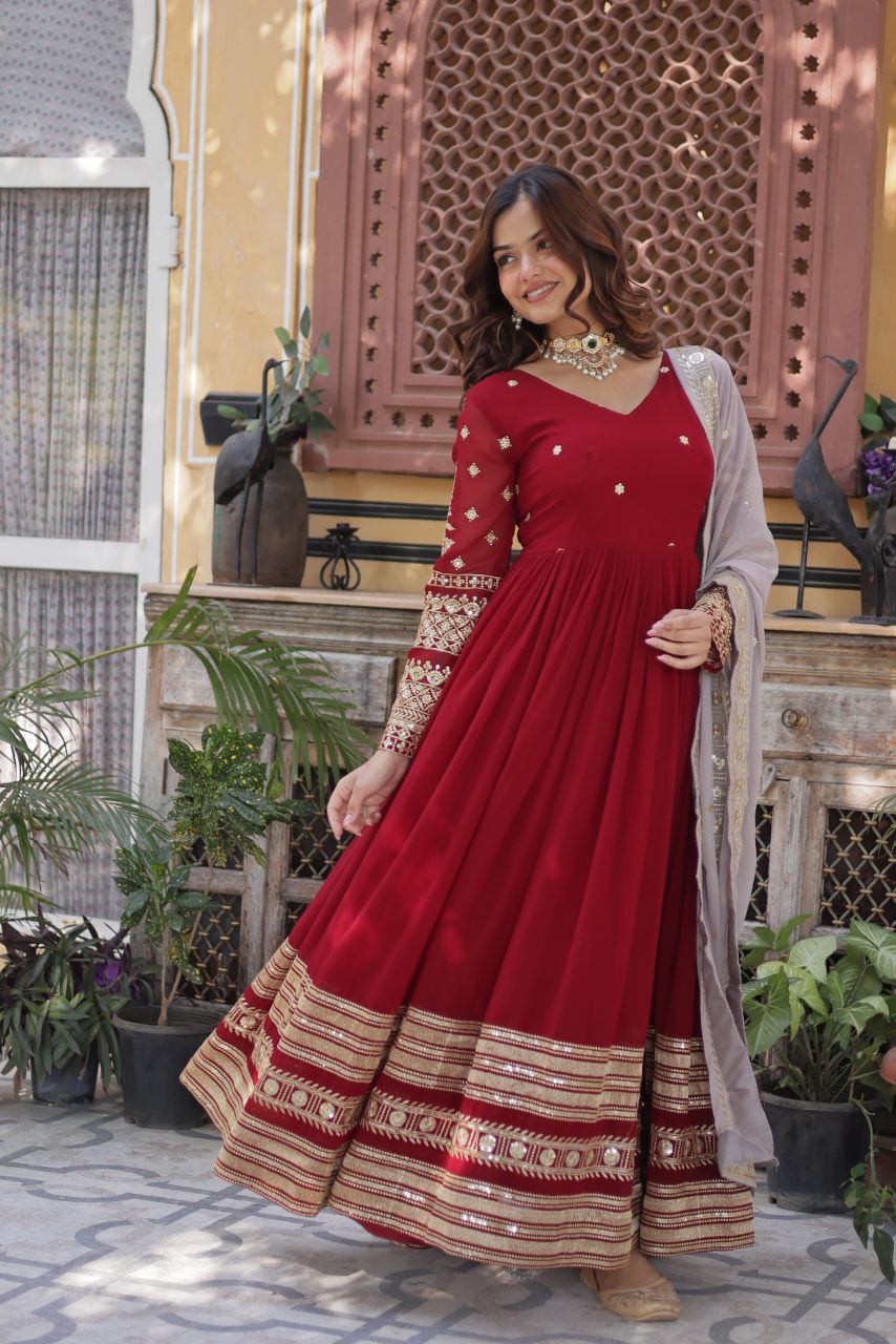 Premium Designer Embroidered Zari Sequins Gown with Dupatta – Ready-to-Wear