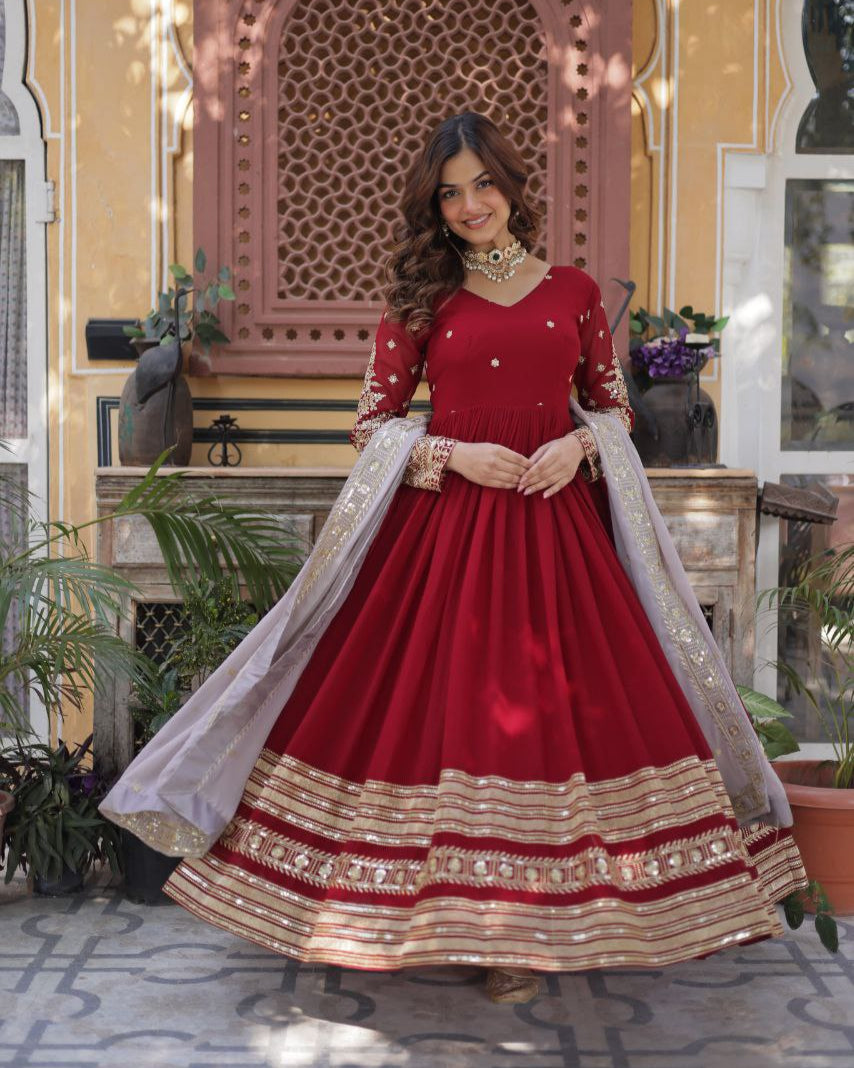 Premium Designer Embroidered Zari Sequins Gown with Dupatta – Ready-to-Wear