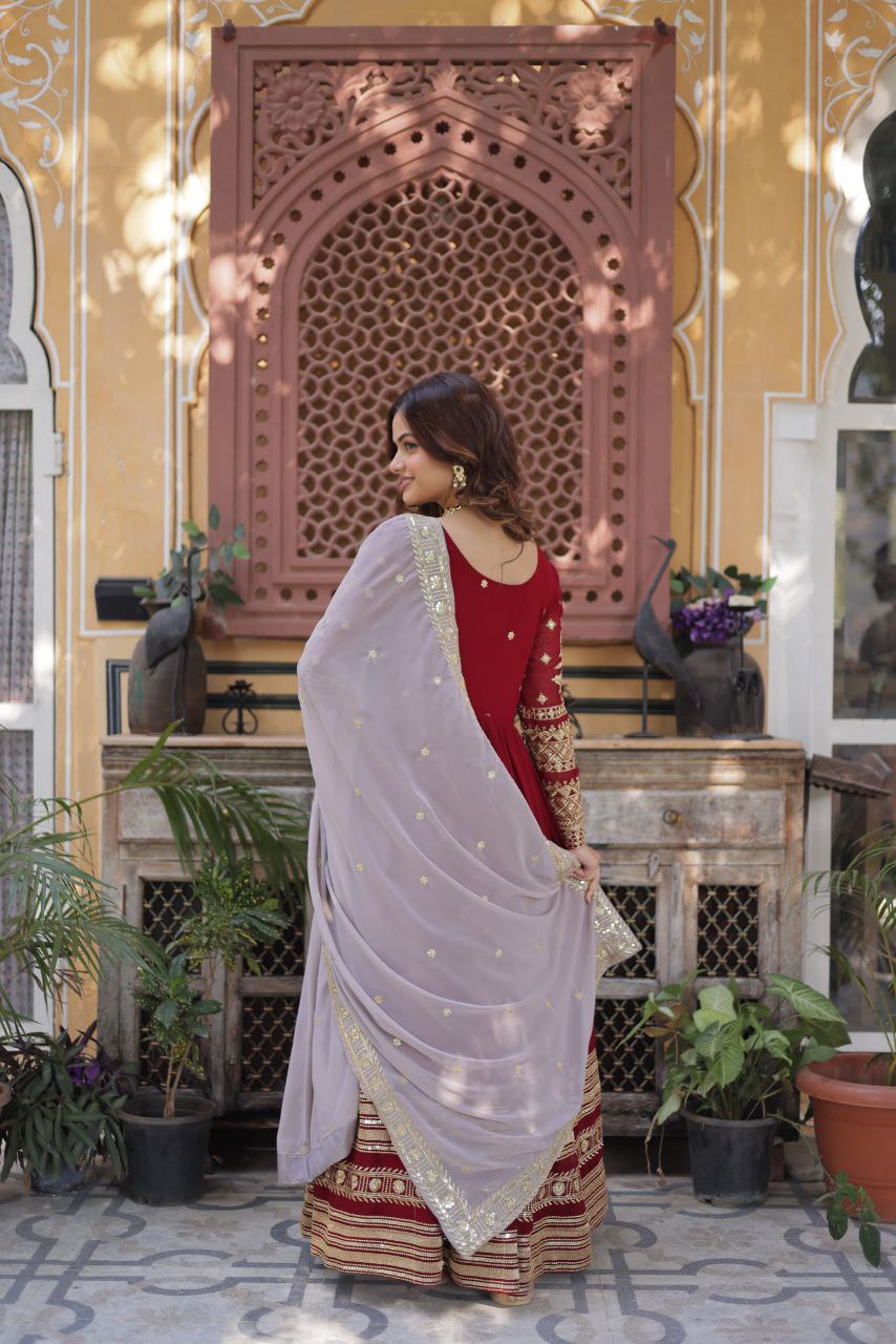 Premium Designer Embroidered Zari Sequins Gown with Dupatta – Ready-to-Wear