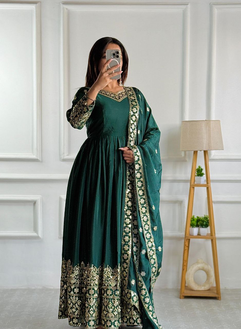 Premium Embroidered Gown-Pant Dupatta Set