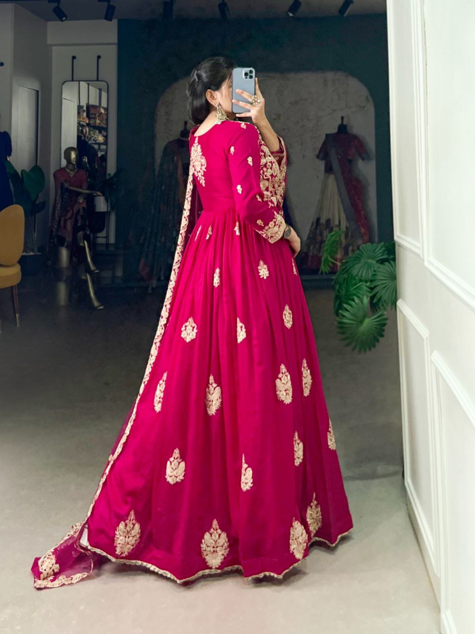 Elegant Vichitra Silk Gown with Embroidered Net Dupatta