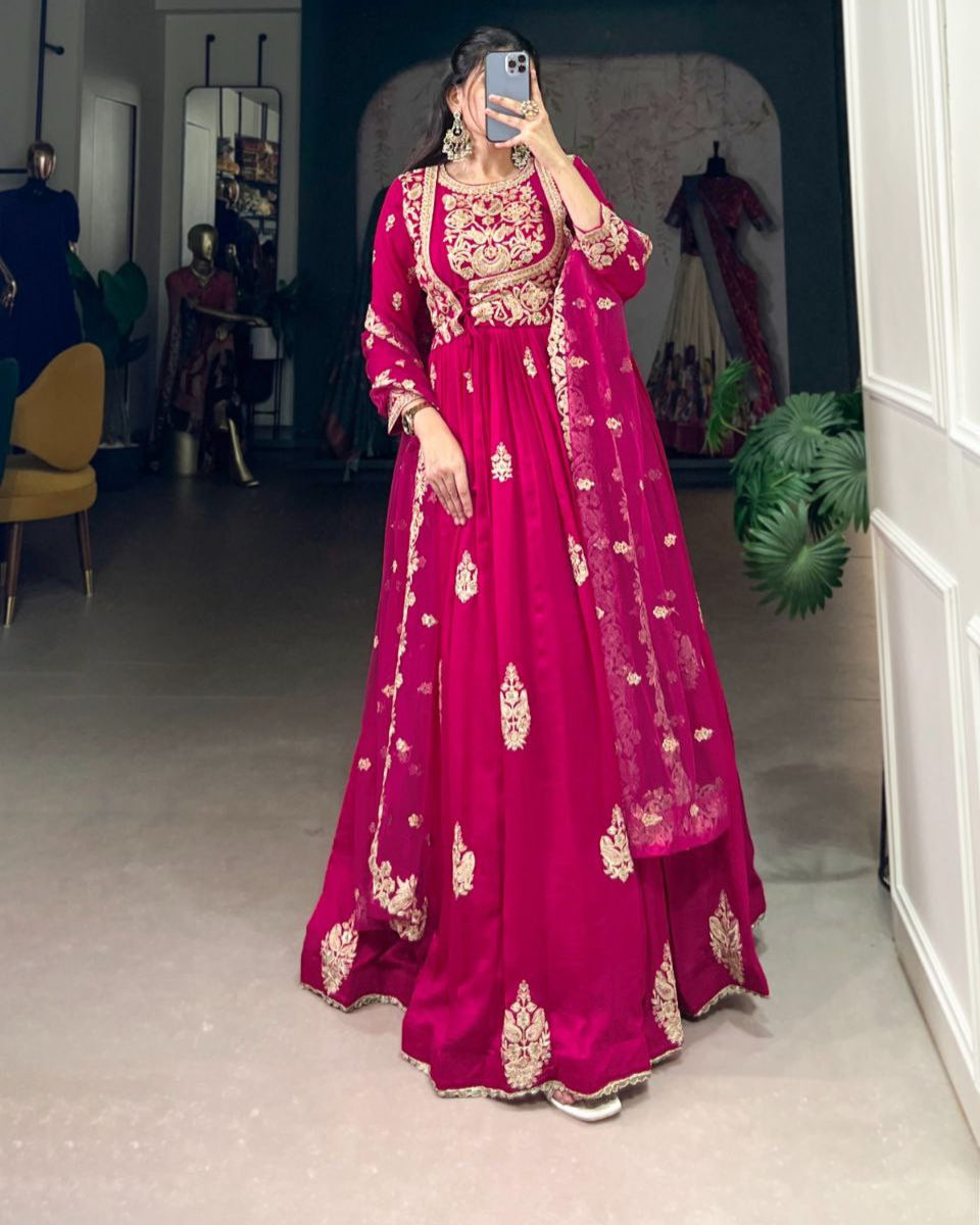 Elegant Vichitra Silk Gown with Embroidered Net Dupatta
