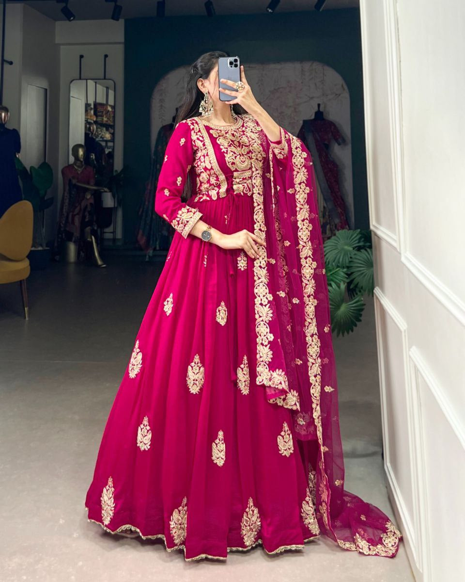 Elegant Vichitra Silk Gown with Embroidered Net Dupatta