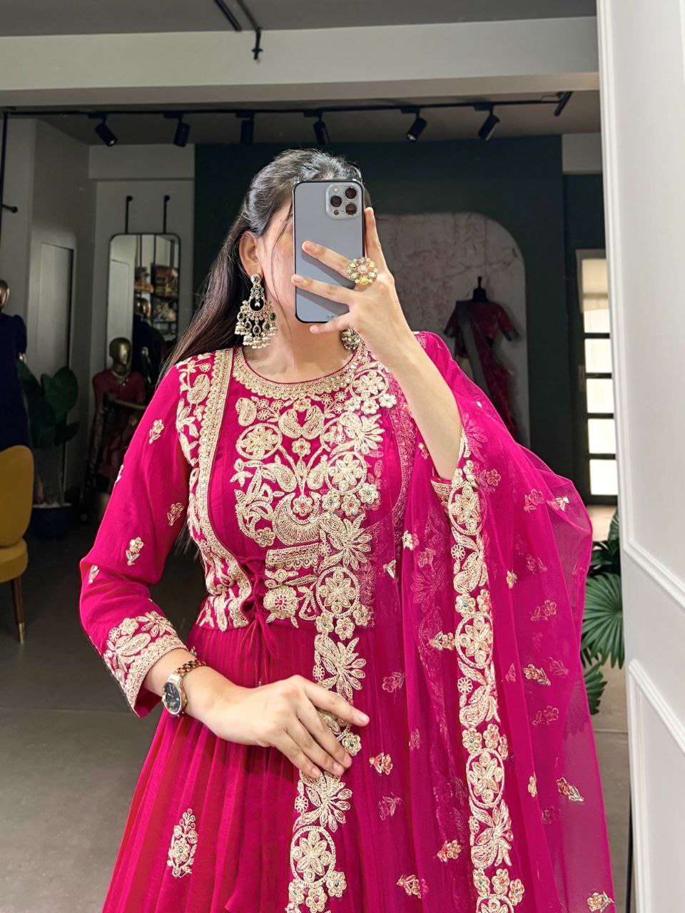 Elegant Vichitra Silk Gown with Embroidered Net Dupatta