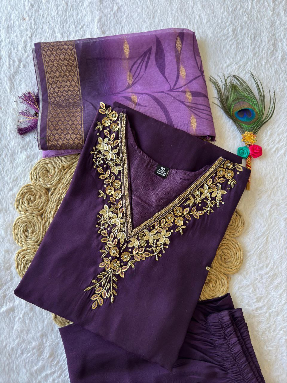 Premium Roman Silk Kurti Set with Chanderi Jacquard Dupatta