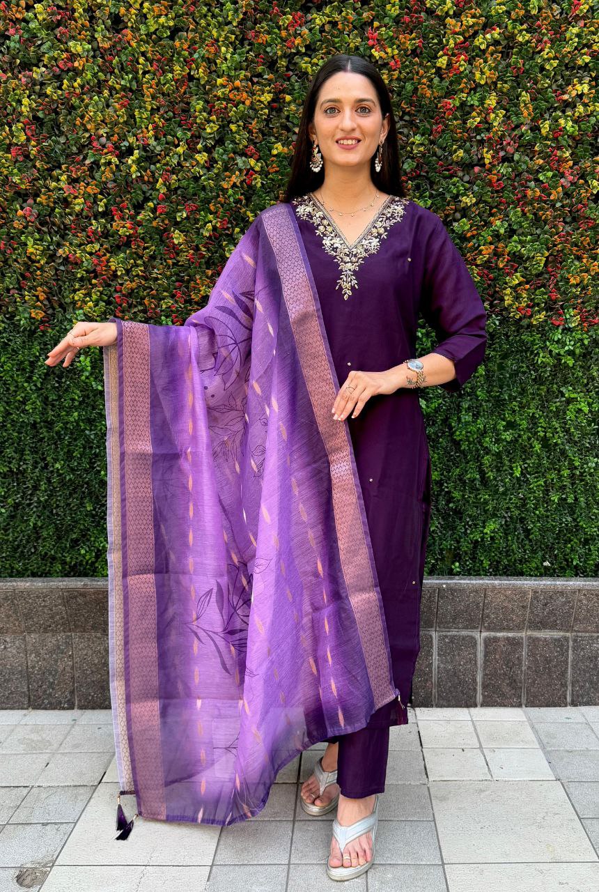 Premium Roman Silk Kurti Set with Chanderi Jacquard Dupatta