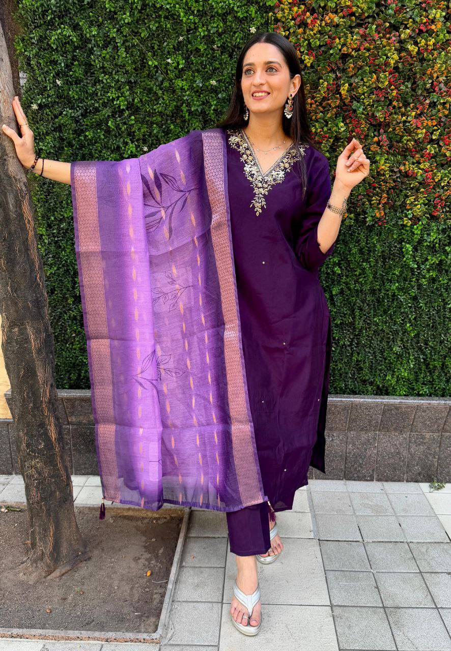 Premium Roman Silk Kurti Set with Chanderi Jacquard Dupatta