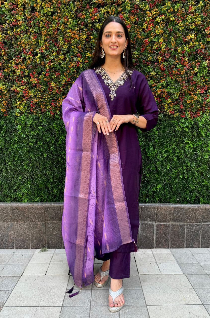 Premium Roman Silk Kurti Set with Chanderi Jacquard Dupatta