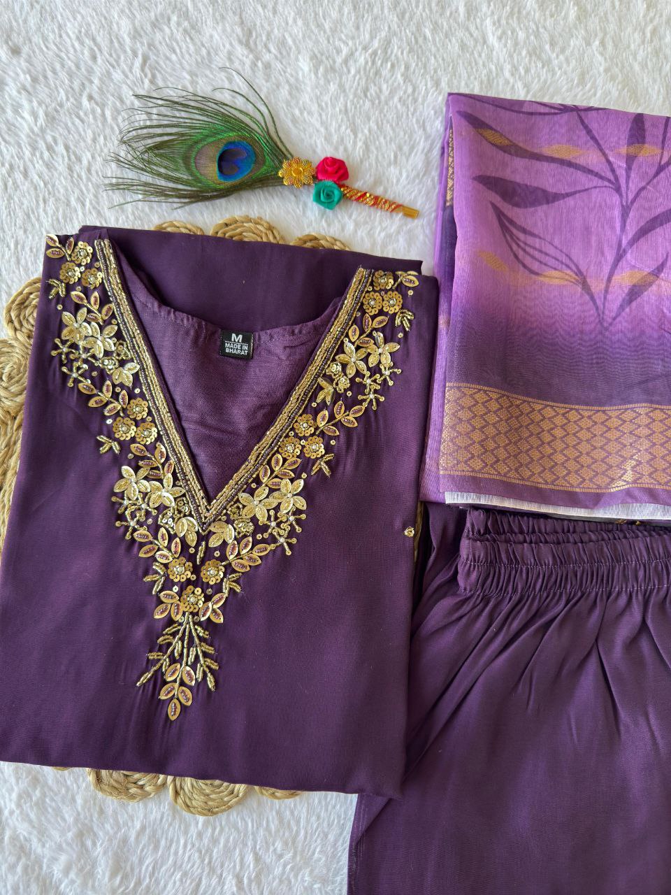 Premium Roman Silk Kurti Set with Chanderi Jacquard Dupatta