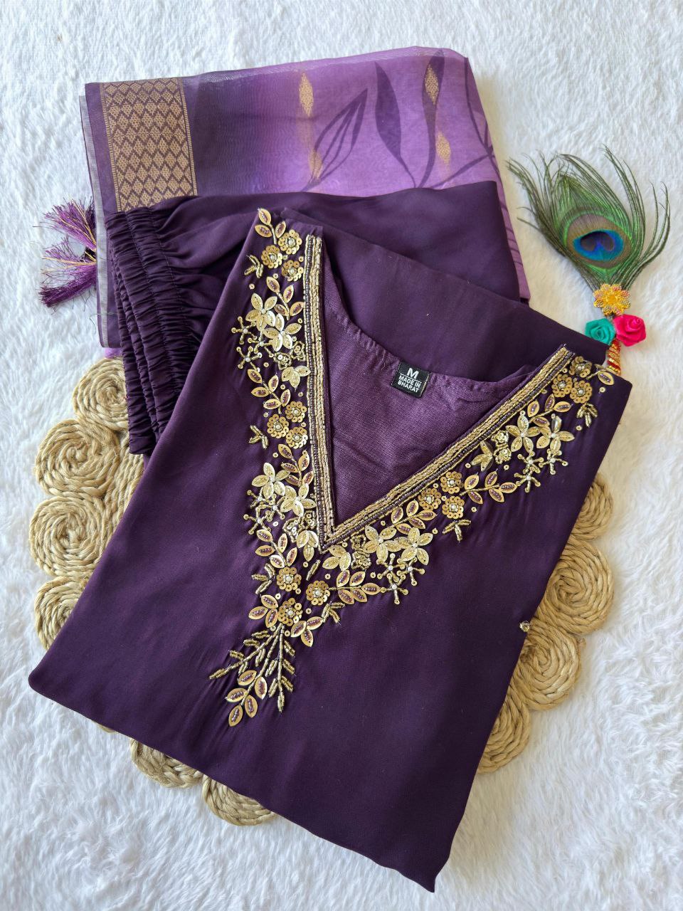 Premium Roman Silk Kurti Set with Chanderi Jacquard Dupatta