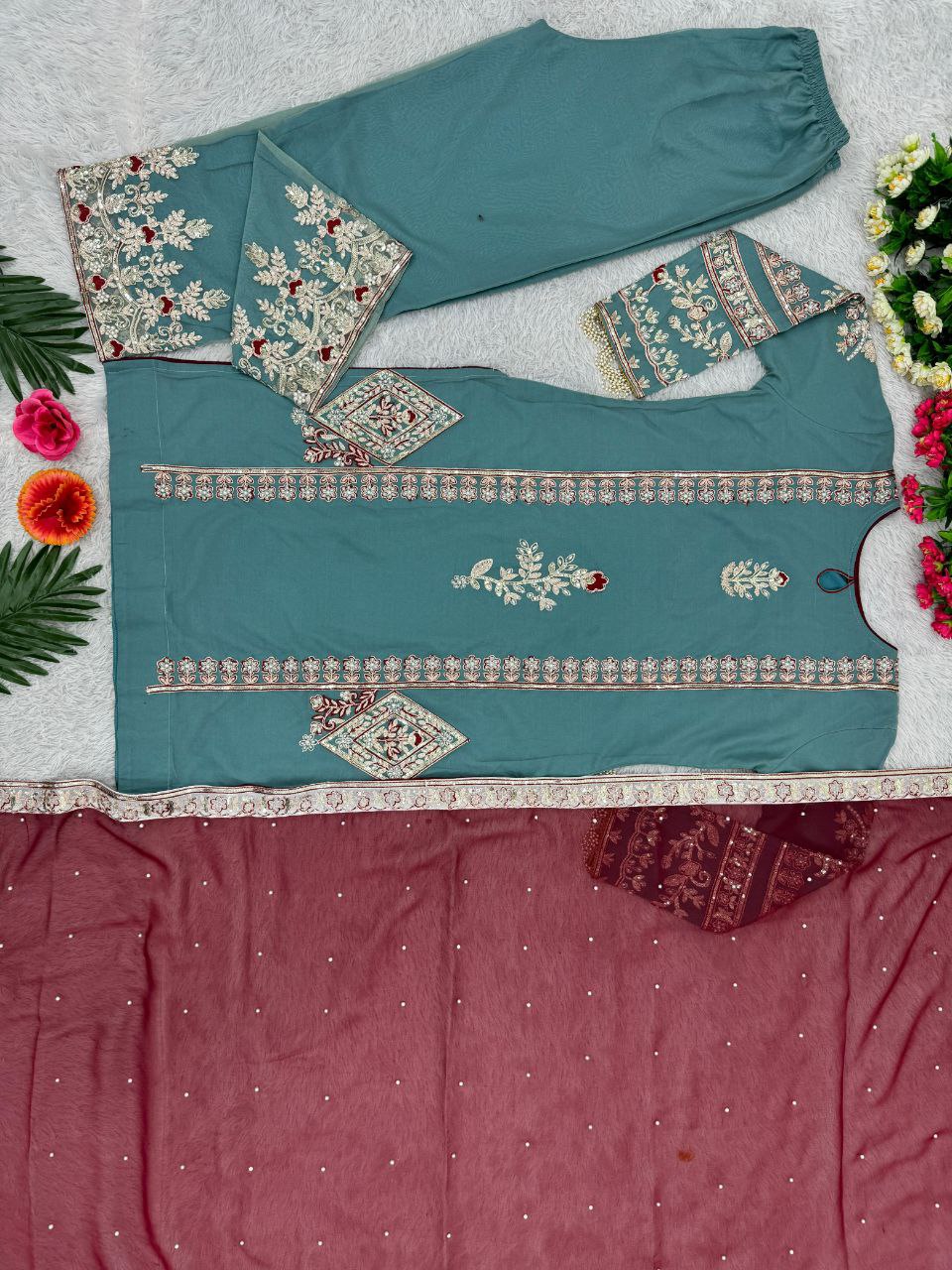 Luxury Pakistani Suit Set with Heavy Handwork & Sequence Embroidery