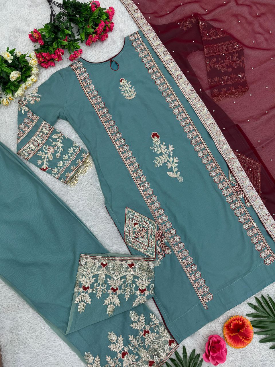 Luxury Pakistani Suit Set with Heavy Handwork & Sequence Embroidery