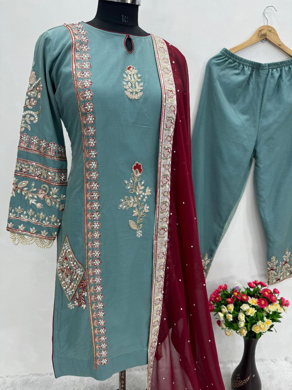 Luxury Pakistani Suit Set with Heavy Handwork & Sequence Embroidery