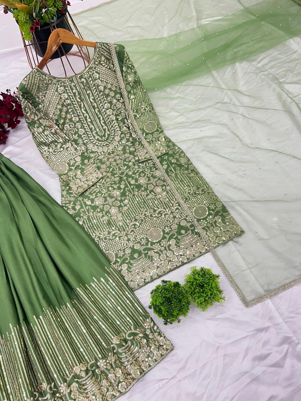Designer Party Wear Chinnon Silk Plazzo Set with Heavy Embroidery