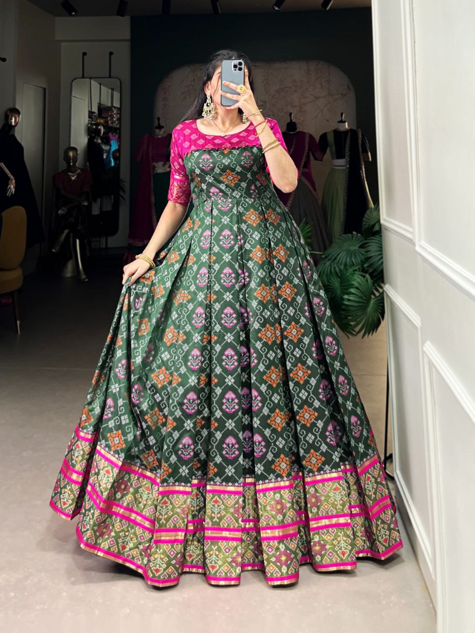 Kanjivaram Silk Jacquard Gown – Patola Print Elegance