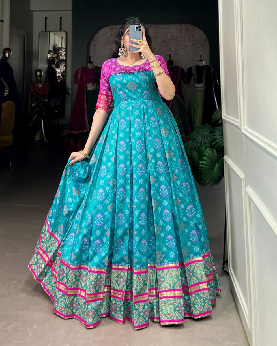 Kanjivaram Silk Jacquard Gown – Patola Print Elegance