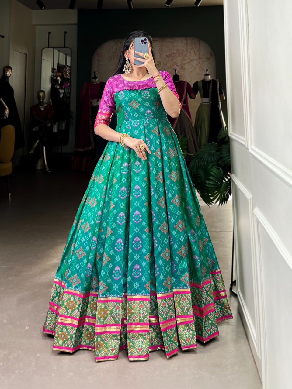 Kanjivaram Silk Jacquard Gown – Patola Print Elegance
