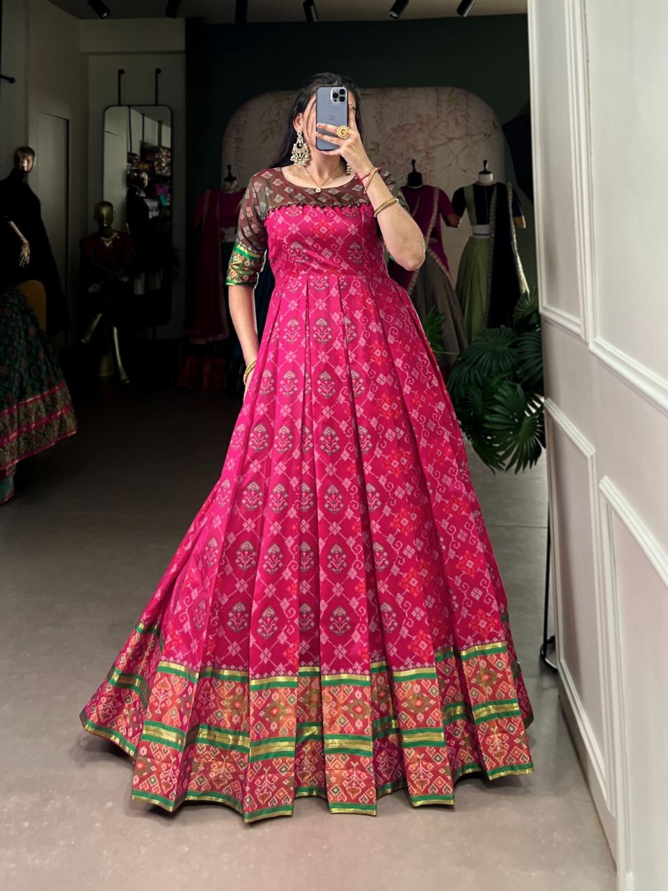 Kanjivaram Silk Jacquard Gown – Patola Print Elegance
