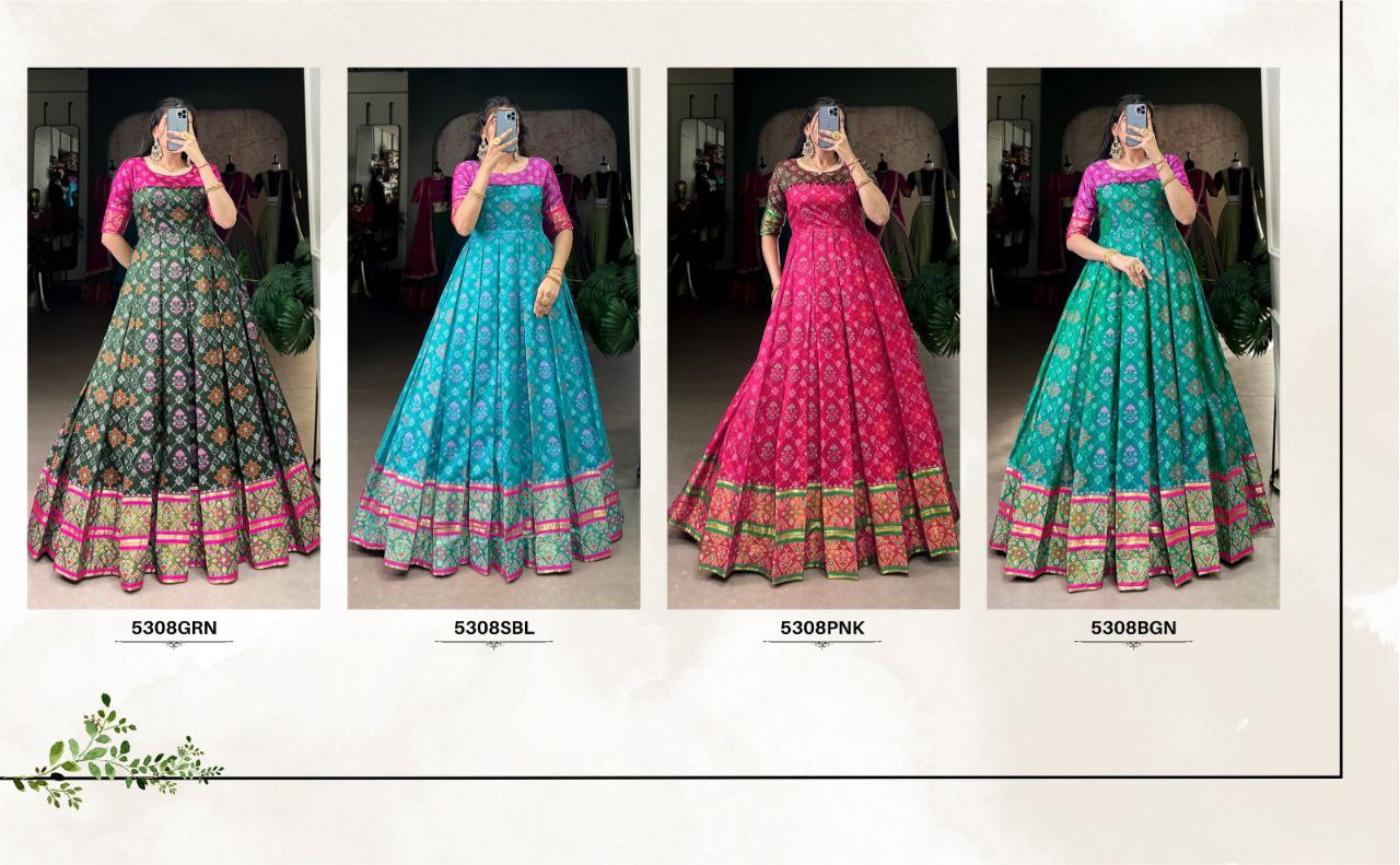 Kanjivaram Silk Jacquard Gown – Patola Print Elegance