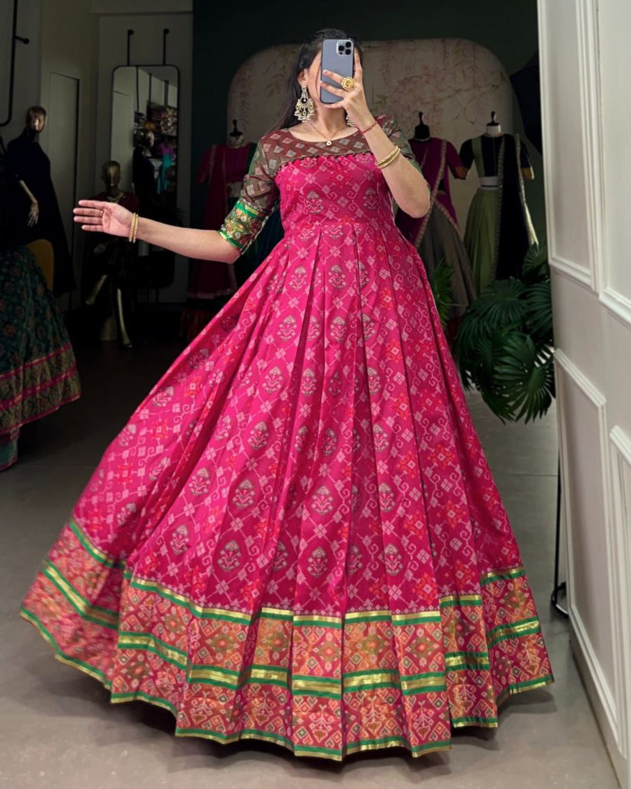 Kanjivaram Silk Jacquard Gown – Patola Print Elegance