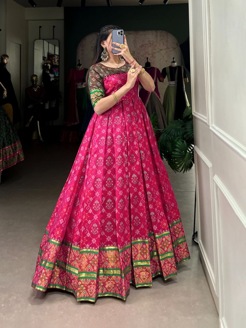 Kanjivaram Silk Jacquard Gown – Patola Print Elegance