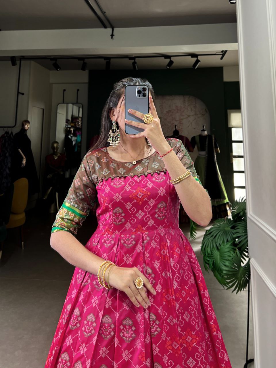 Kanjivaram Silk Jacquard Gown – Patola Print Elegance