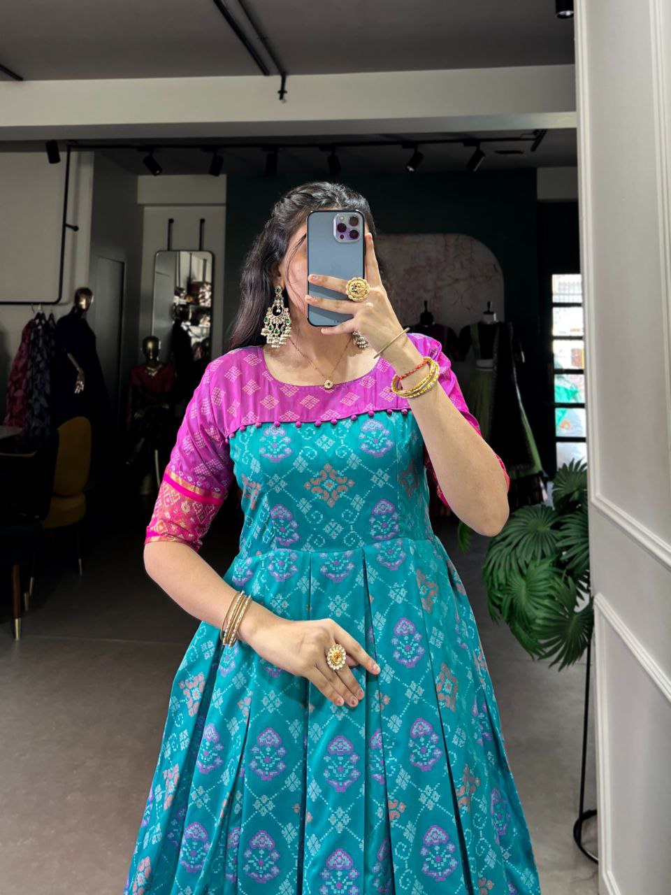 Kanjivaram Silk Jacquard Gown – Patola Print Elegance