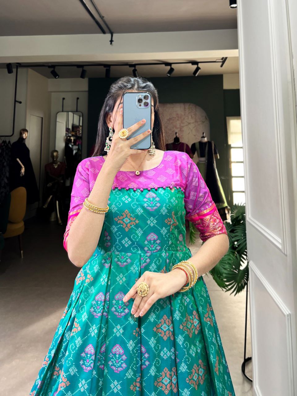 Kanjivaram Silk Jacquard Gown – Patola Print Elegance